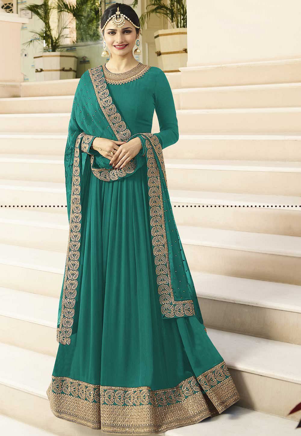 Prachi Desai teal embroidered anarkali suit 7171