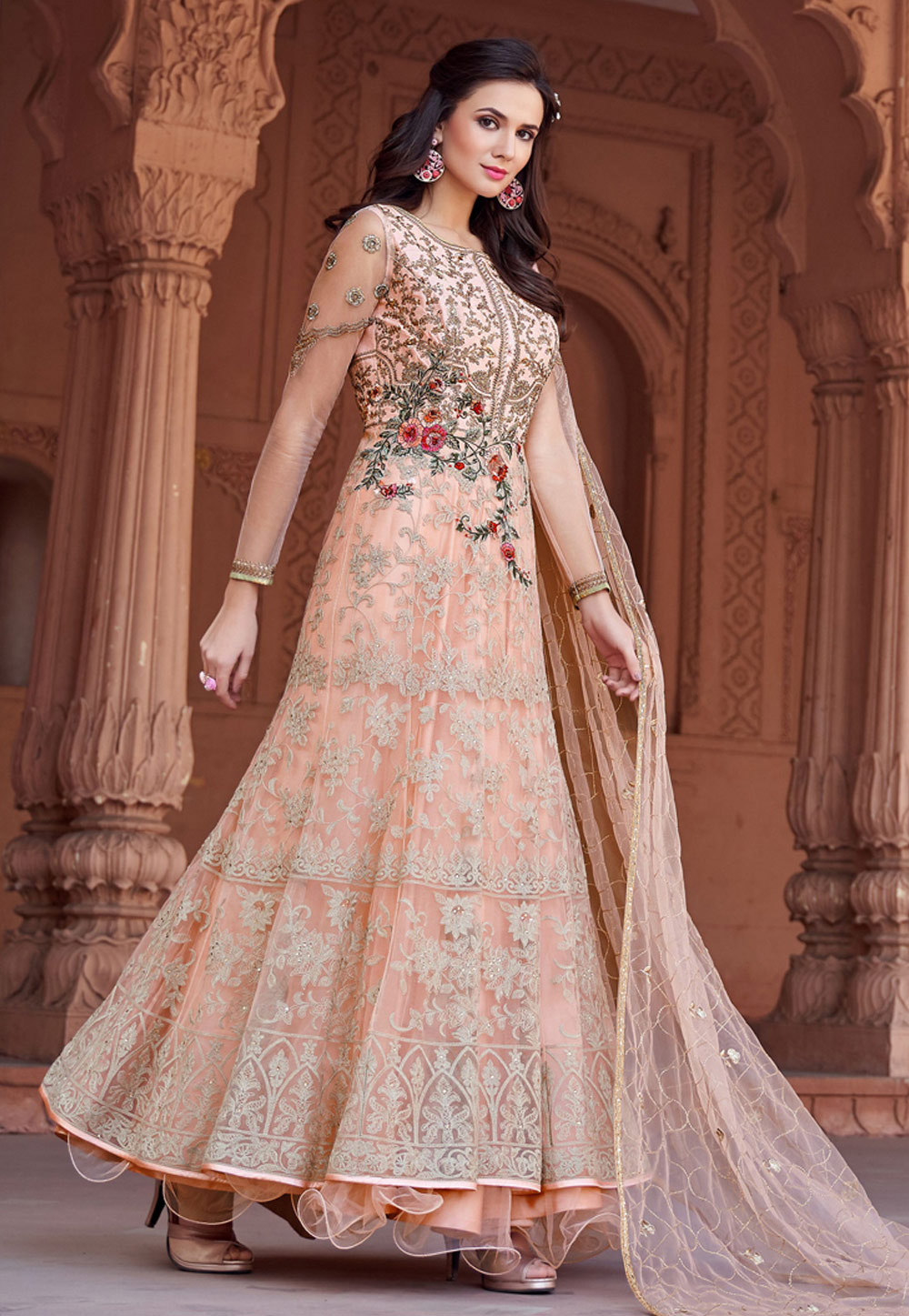 Peach Net Ankle Length Anarkali Suit