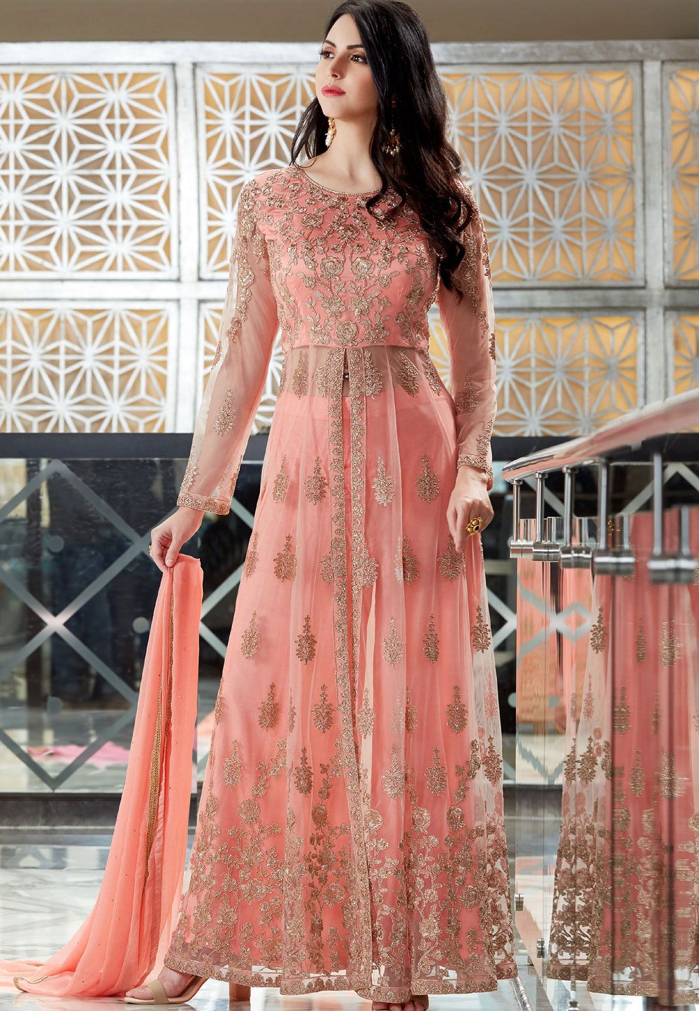 Pink Embroidered Net Palazzo Suit With Dupatta 4266SL01