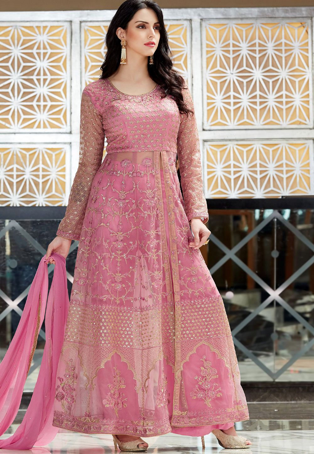 Pink Net Lehenga Style Anarkali Designer Suit 2503