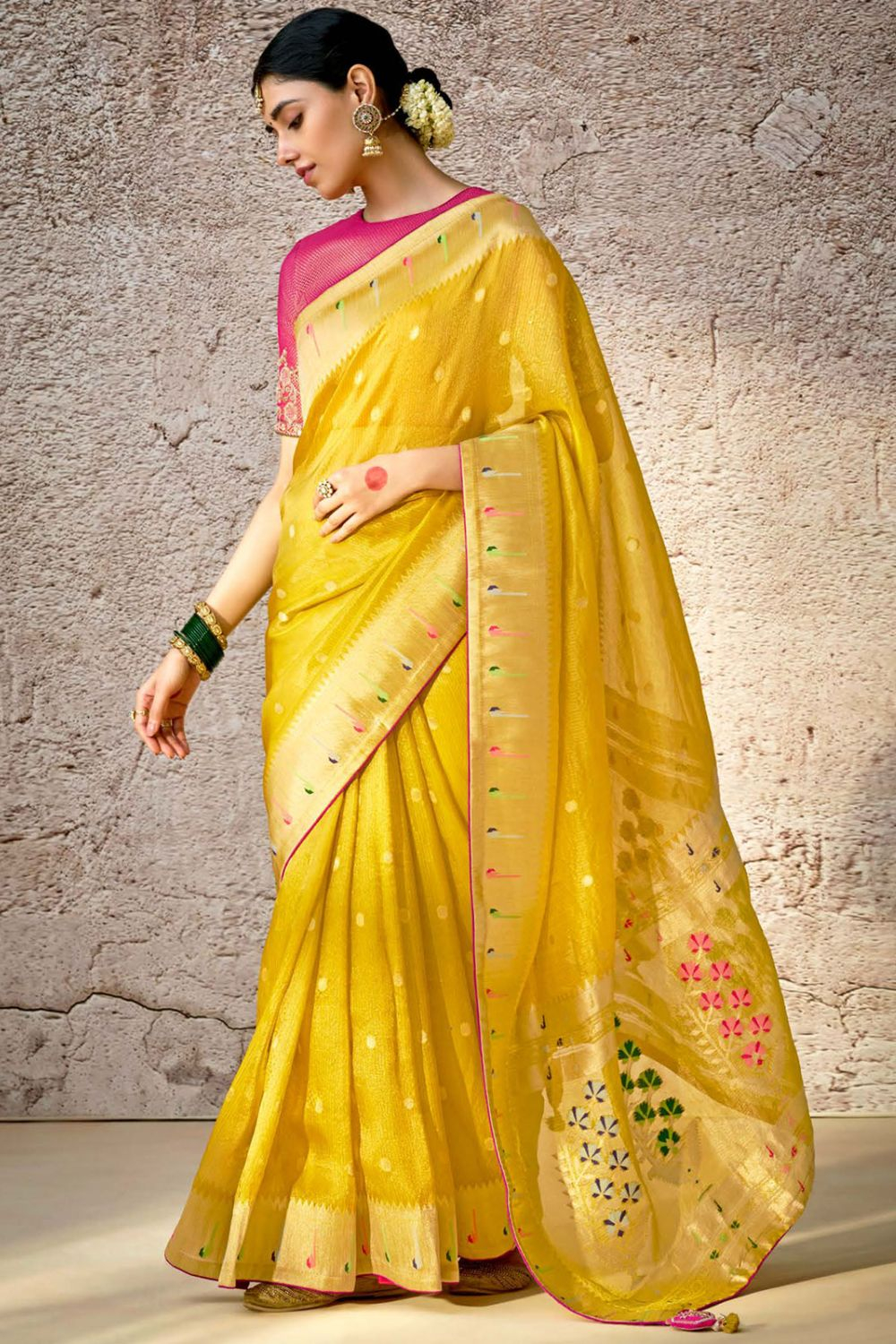 Diwali Special popular Yellow Kota Organza Banarasi Silk Saree Wedding Wear Girlish Bridal Sari Gift Indian Festive Running Blouse Bridesmaids Top