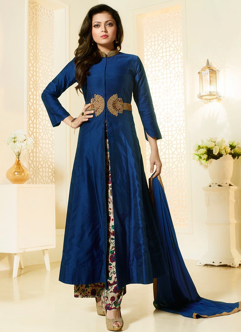 Buy Drashti Dhami Navy blue chanderi silk palazzo style salwar kameez ...