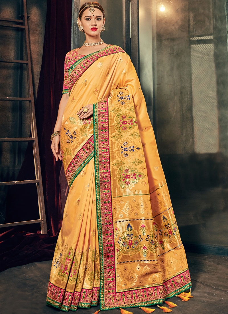 Buy Yellow And Pink Banarasi Pure Silk Wedding Wear Saree In Uk, Usa 