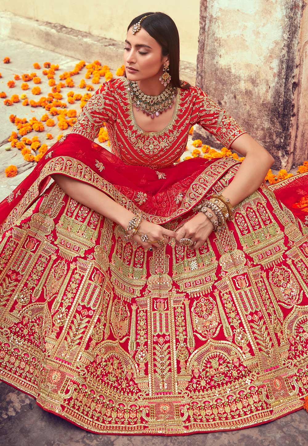 Buy Tomato Red Silk Embroidered Designer Lehenga Choli | Designer Lehenga  Choli