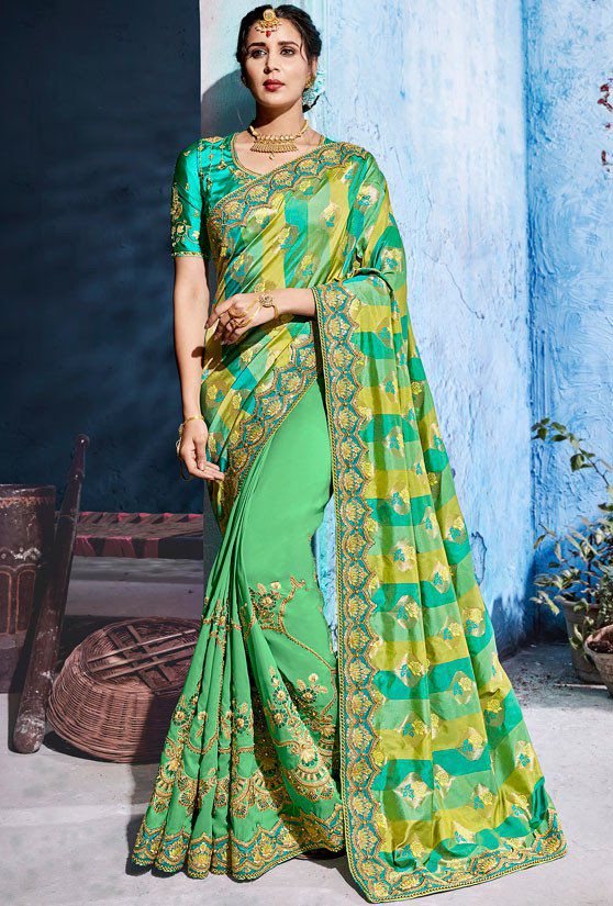 Green and yellow color silk Indian wedding wear saree 1103