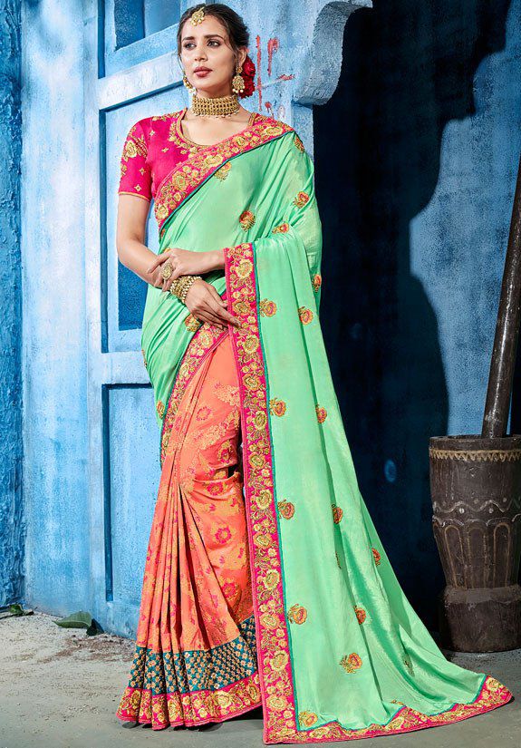 Pastel Blue color Designer Wedding Saree