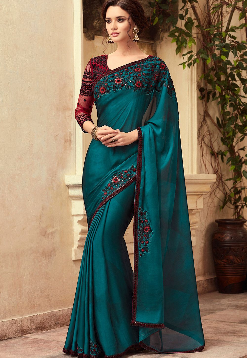 Blue And Maroon Satin Georgette Party Wear Saree With Border 22015