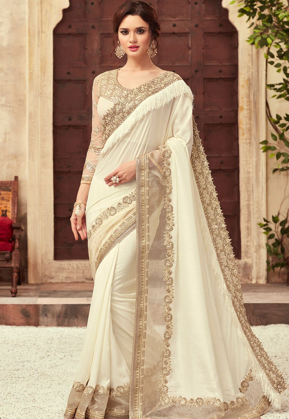 off white party wear saree