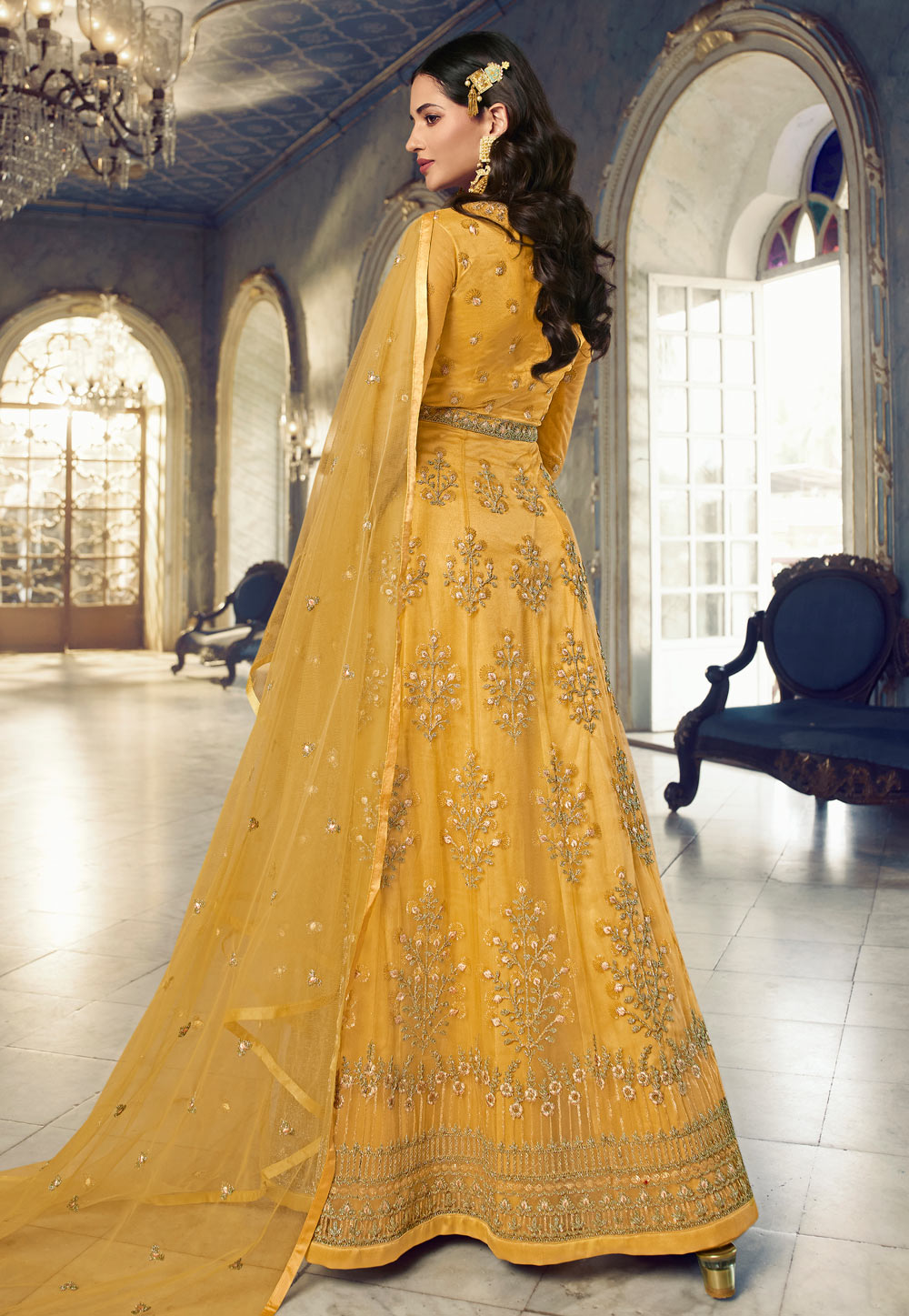 Net Abaya Style Anarkali Suit In Yellow Colour 5408 8353