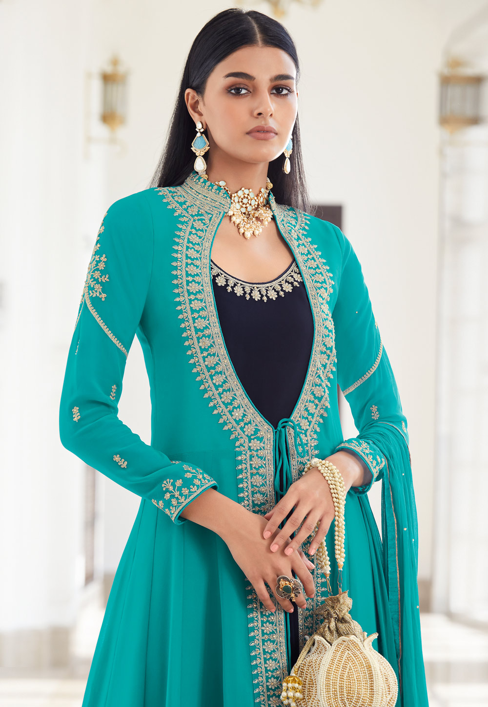 Teal Blue Color Jacket Style Party Wear Suit