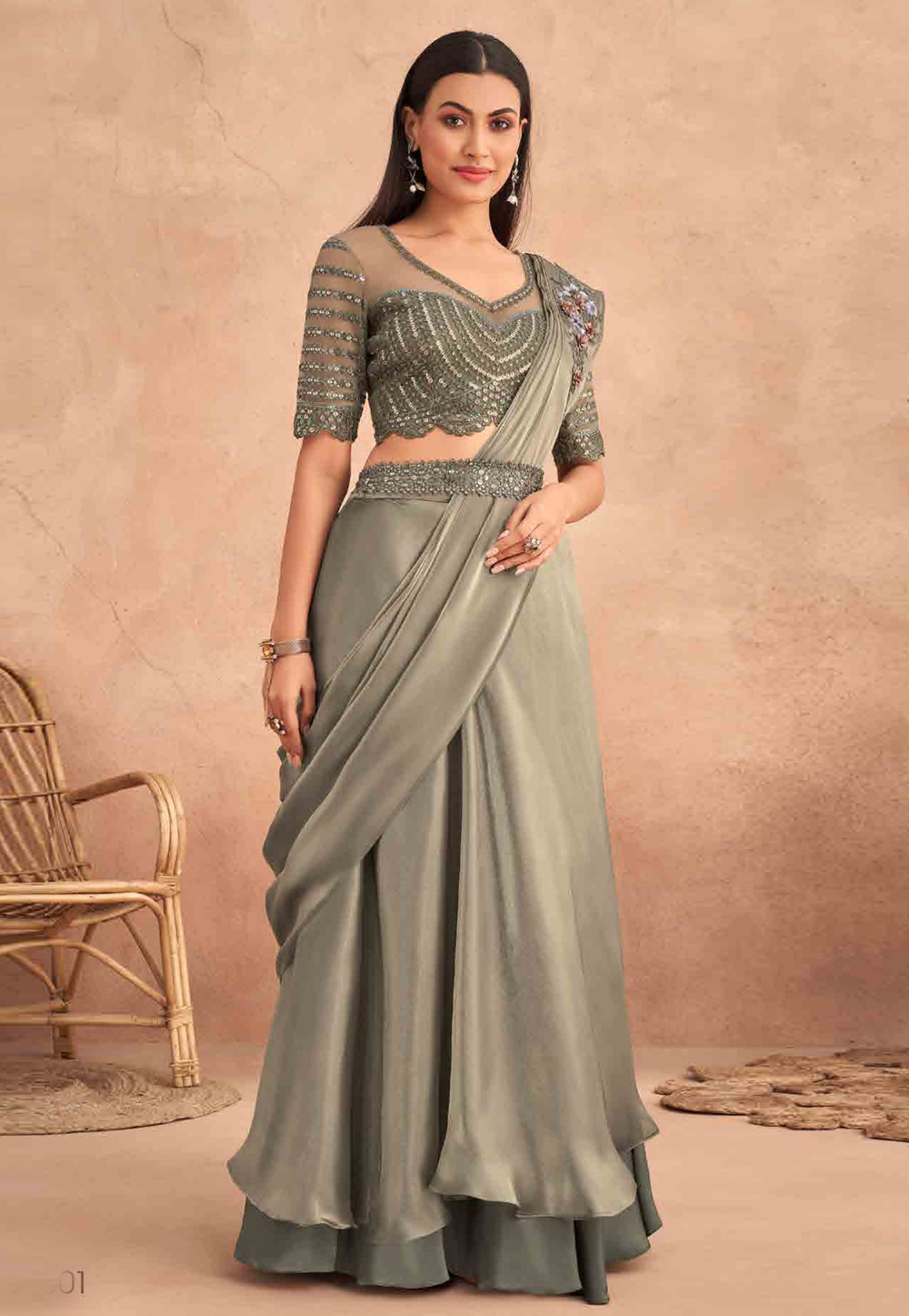 Wedding Wear Gray Color Zari Embroidery Work Designer Saree – Amrutamfab