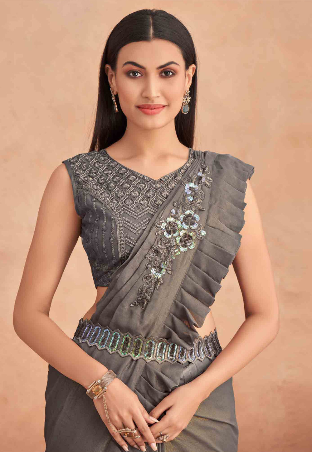 Stylish Fancy Grey Sequined Georgette Padded Readymade Saree Blouse For  Women | eBay