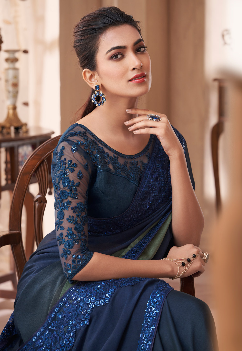 Half N Half Net Saree in Navy Blue : SSF23181