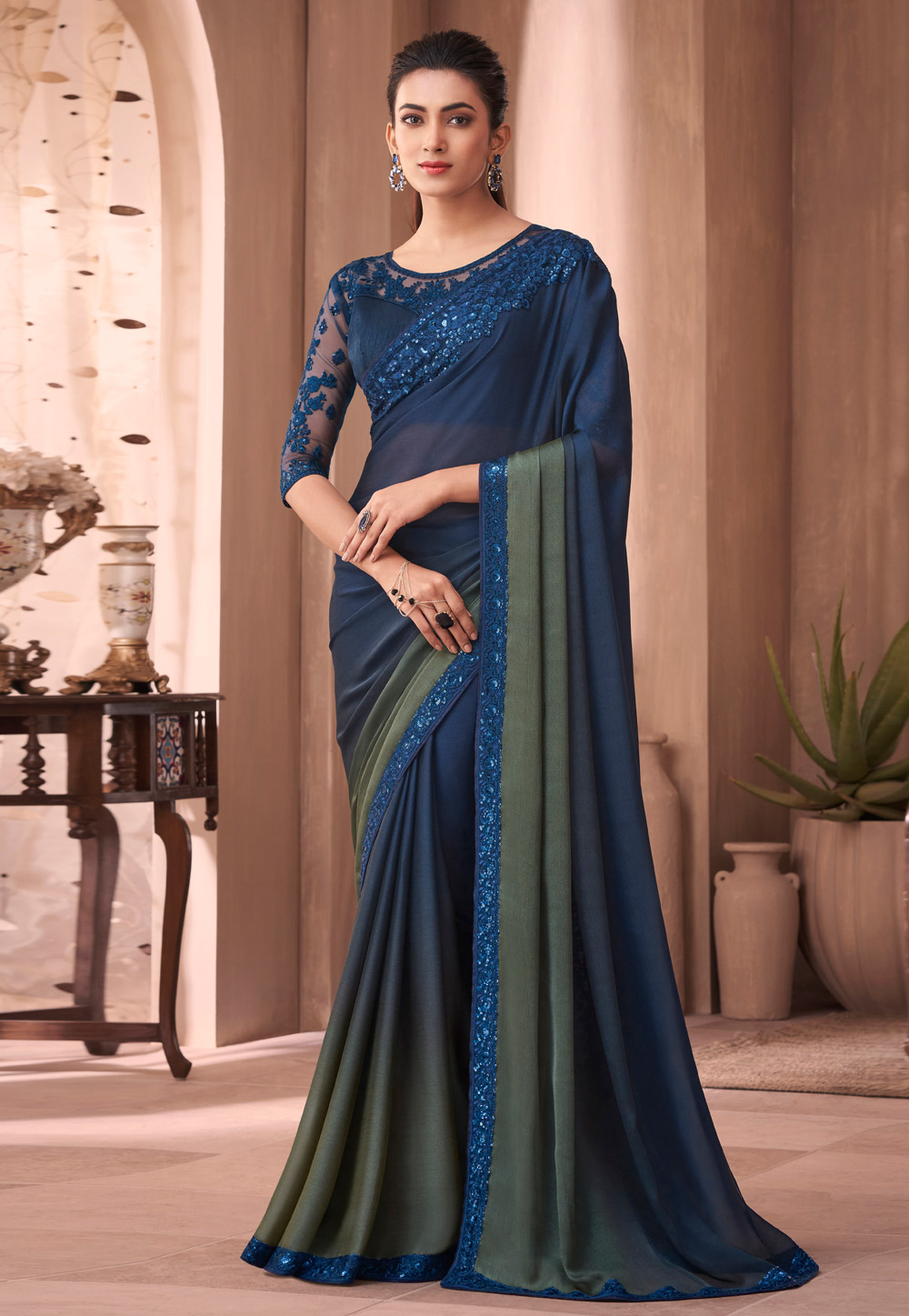 Buy Online Navy Blue Muga Benarasi Sari |Zari Buta and Red Zari Border –  Pure Elegance