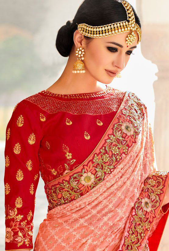 Buy Peach color Lucknowi silk Indian wedding lehenga in UK, USA and Canada