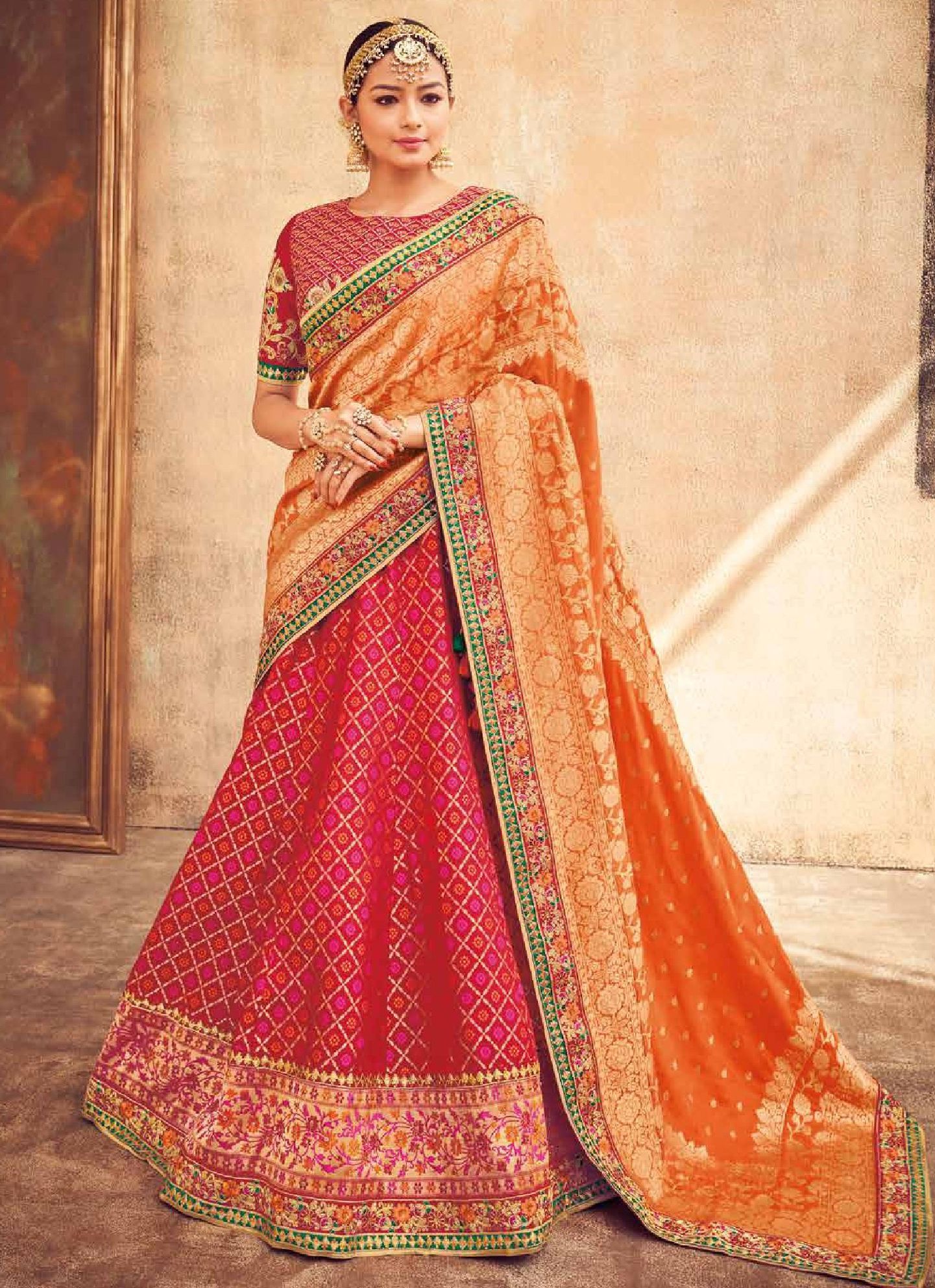 Buy Red and Orange silk Indian wedding lehenga in UK, USA and Canada