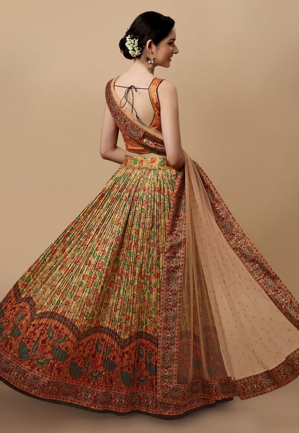 Silk kalamkari circular lehenga choli in Mustard colour 1507