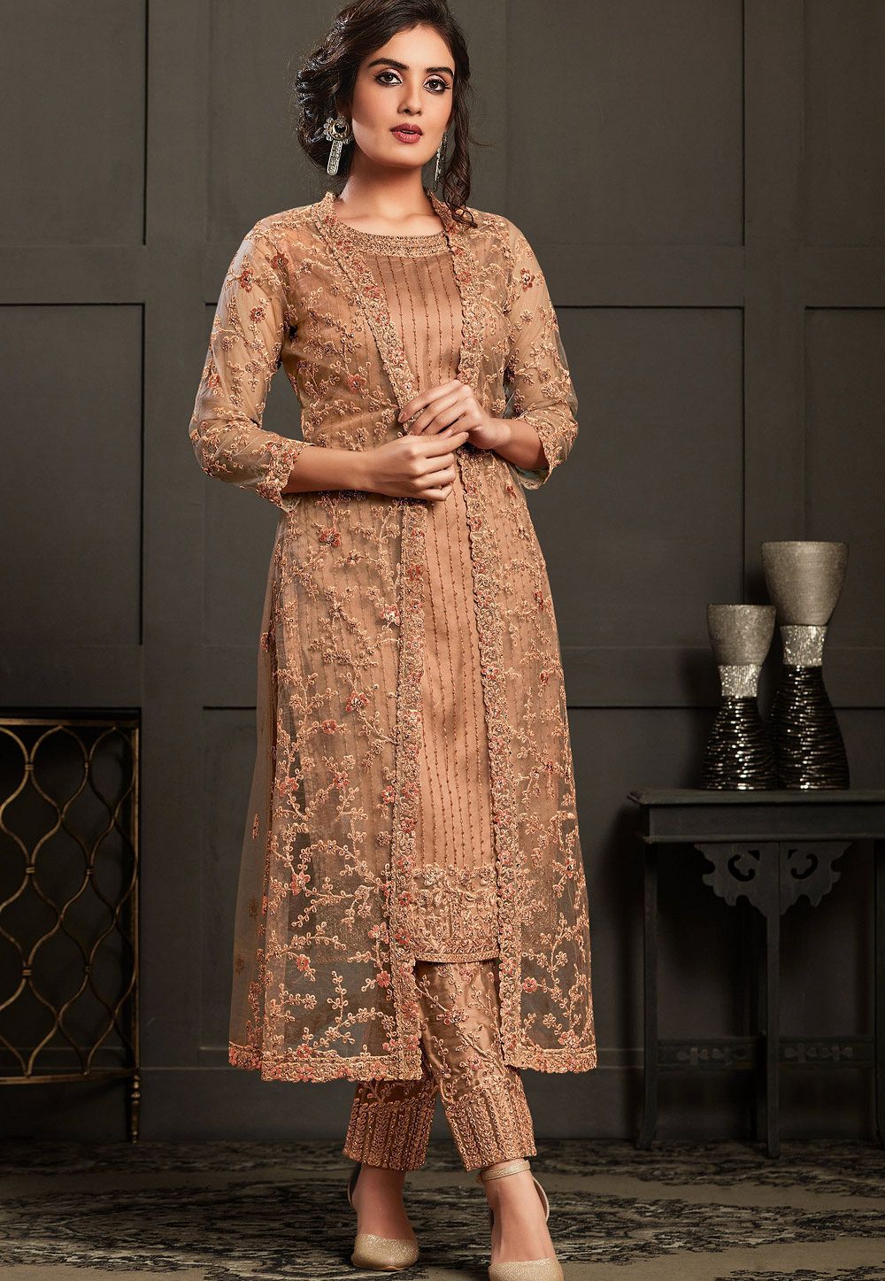 beige net embroidered jacket style trouser suit 4596