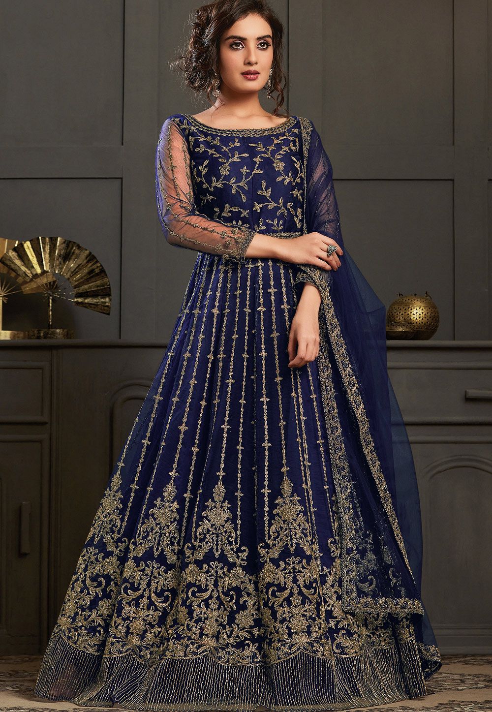 Casual Navy Blue Banglori Silk Plain Anarkali Suit With Dupatta