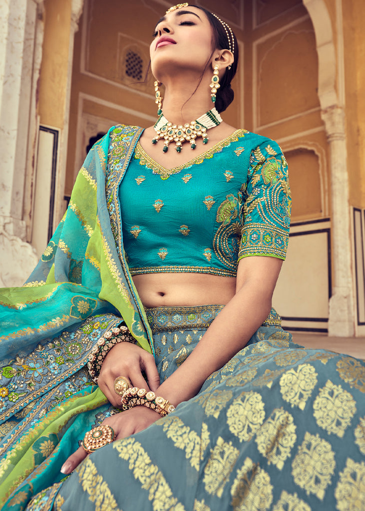 Turquoise Chanderi Banarsi Lehenga Set Design by Aditi Gupta at Pernia's  Pop Up Shop 2024
