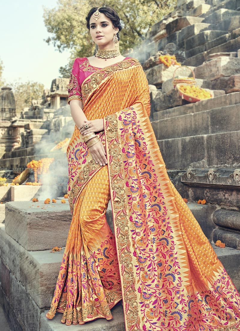 Buy Orange and pink silk wedding wear saree in UK, USA and Canada