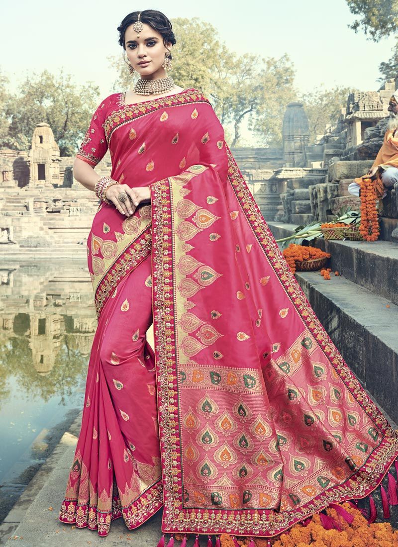 Buy Dark pink silk wedding wear saree in UK, USA and Canada