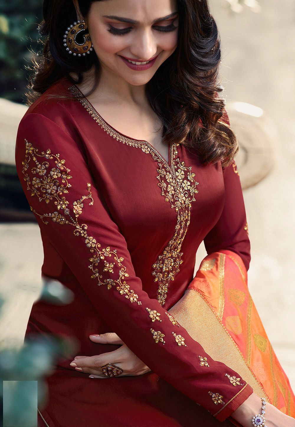 prachi desai maroon satin georgette straight cut suit with banarasi ...