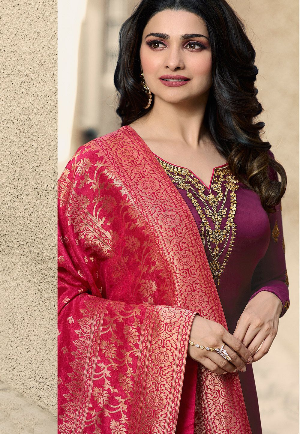 prachi desai mauve satin georgette straight cut suit with banarasi ...