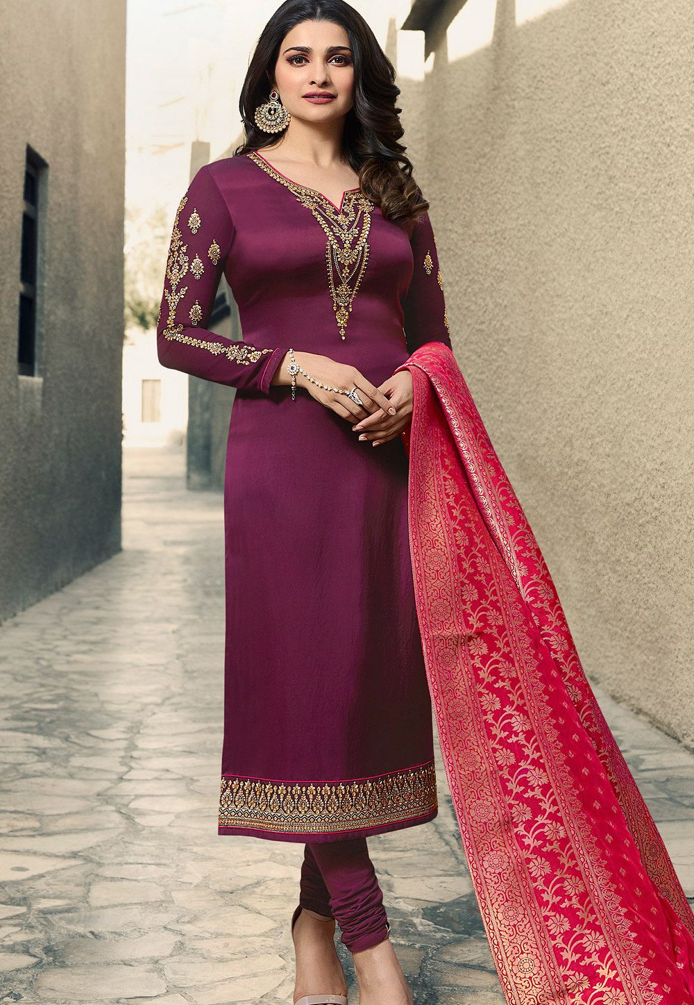 prachi desai mauve satin georgette straight cut suit with banarasi ...