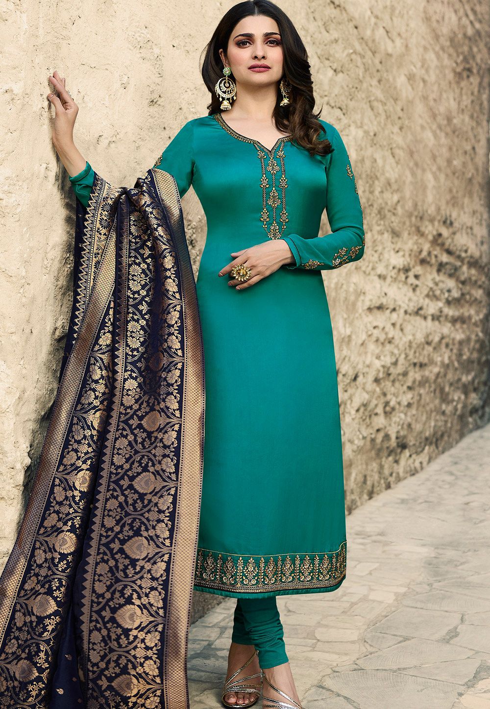 prachi desai teal green satin georgette straight cut suit with banarasi ...