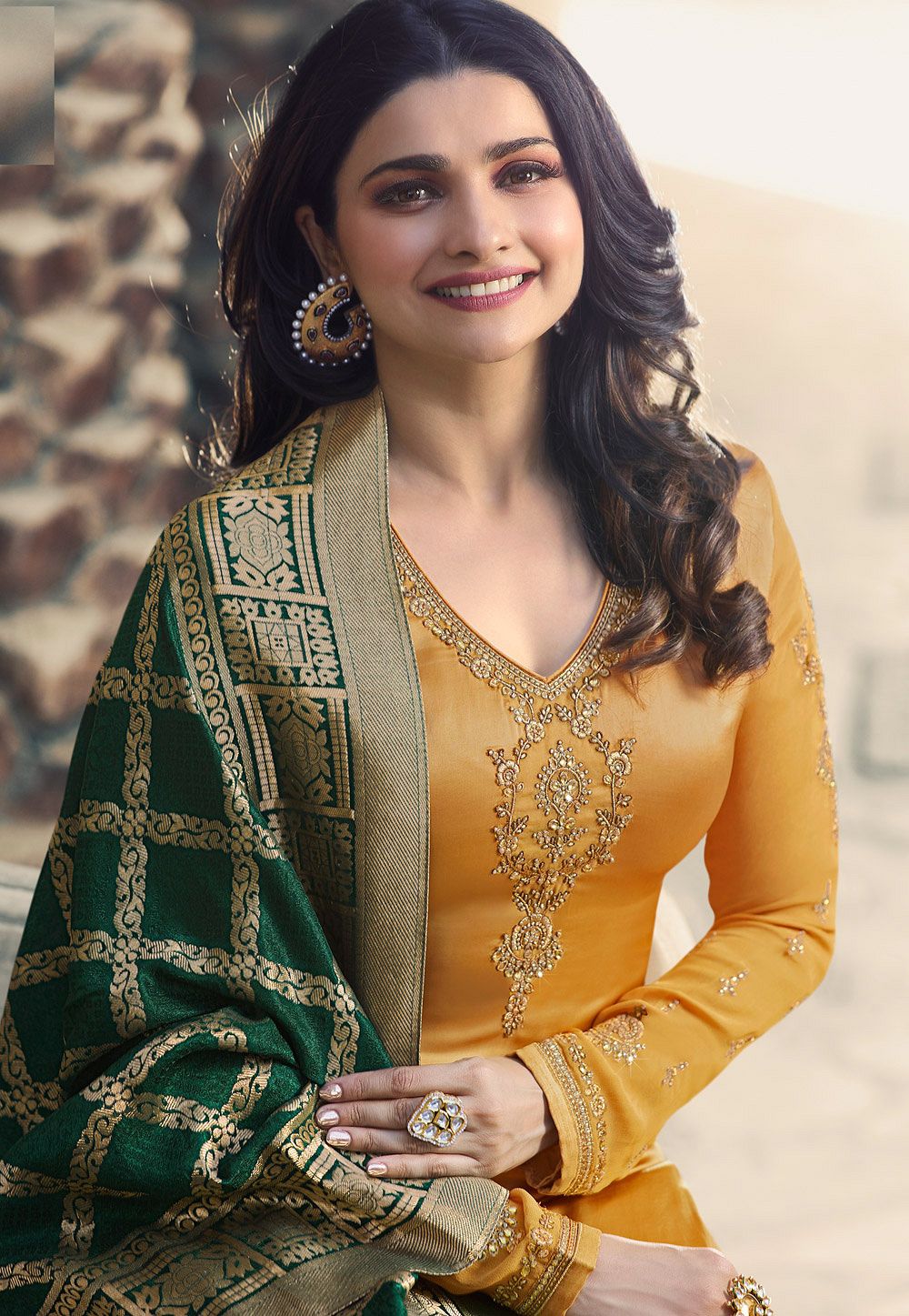 prachi desai yellow satin georgette straight cut suit with banarasi ...