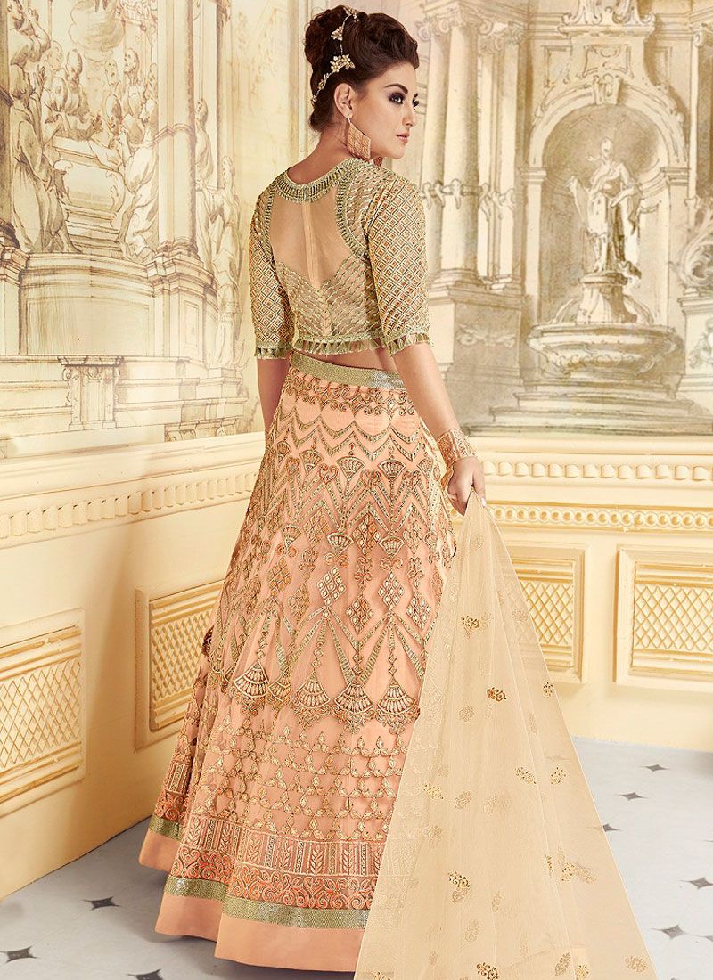 striking cotton and net peach wedding designer lehenga choli