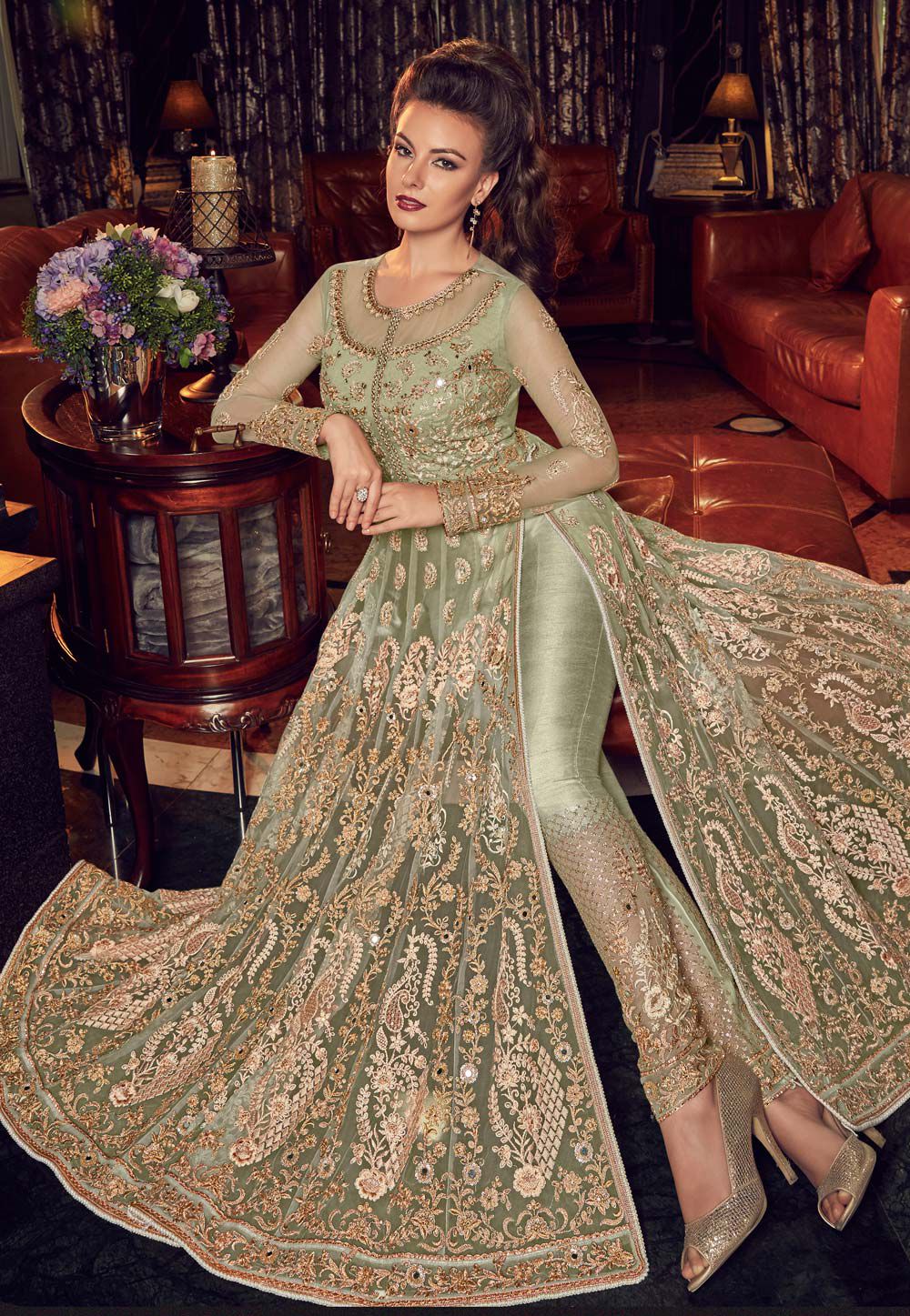 Buy Light green color Net Indian Lehenga kameez 2 in 1 