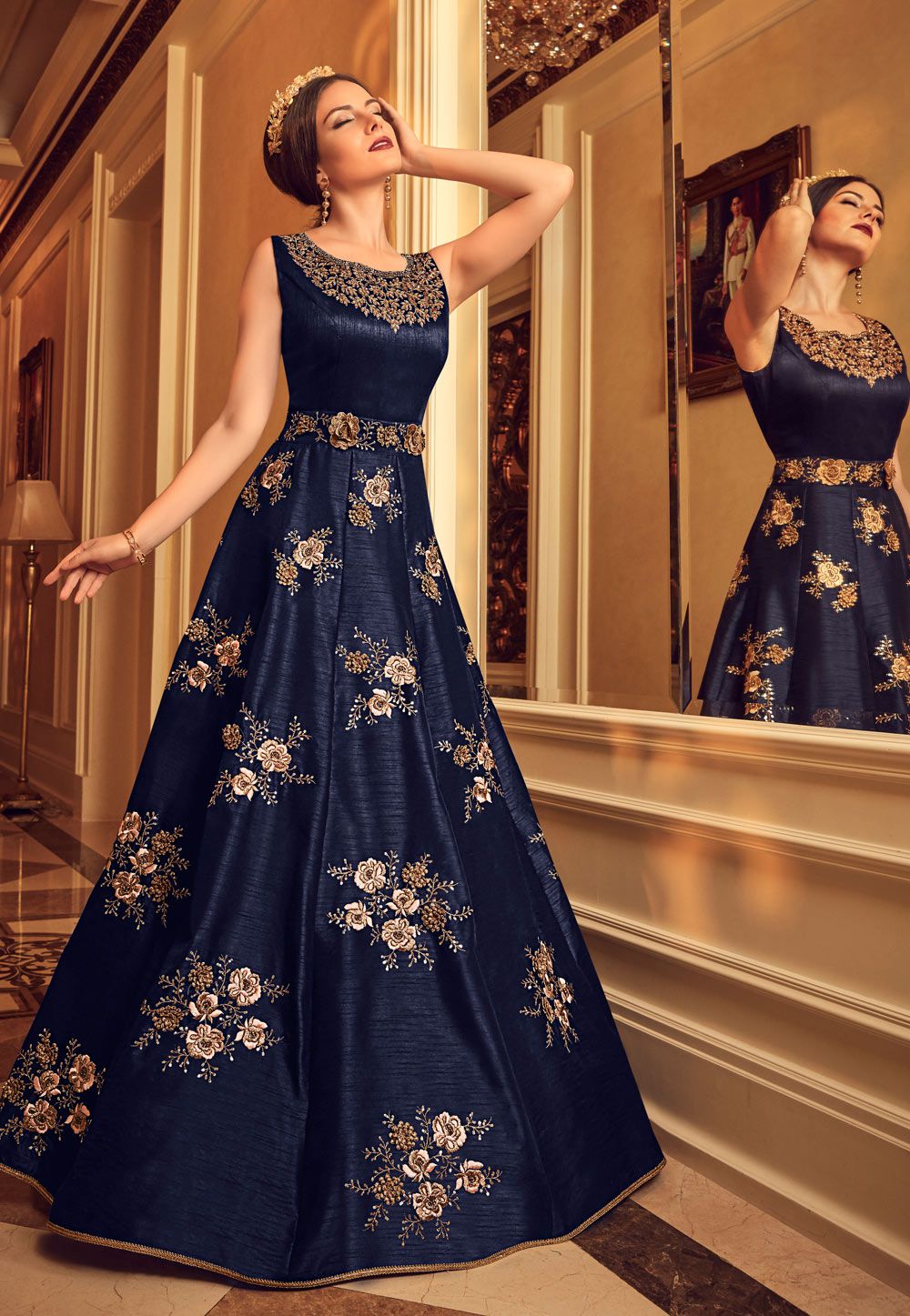 Navy blue color silk Indian gown style Wedding anarkali kameez 5906 1