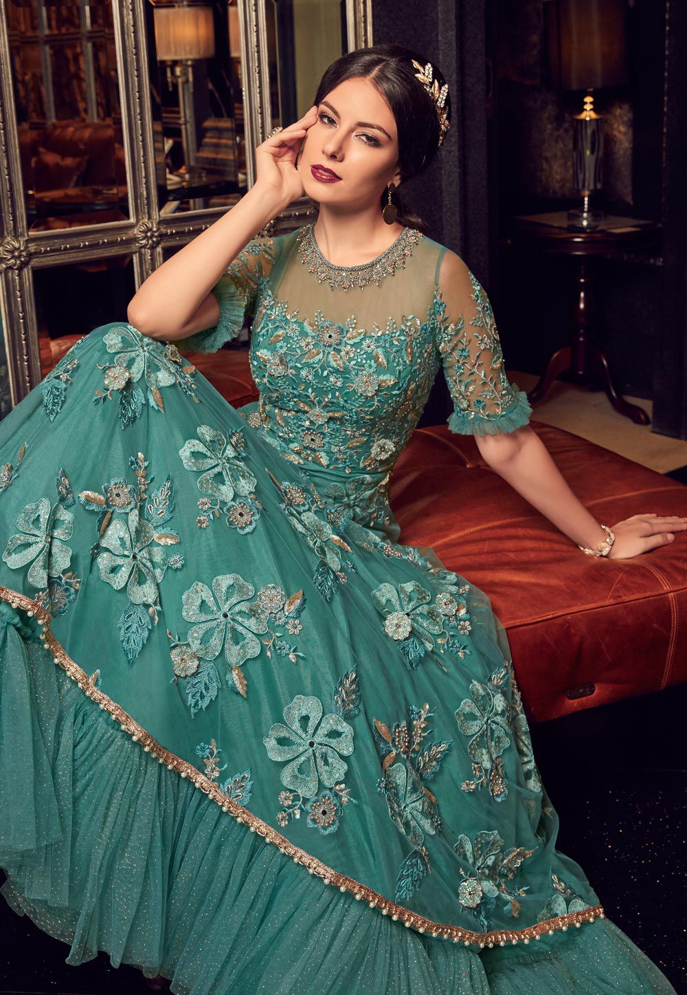 Buy Teal color Net gown style Indian wedding anarkali in 