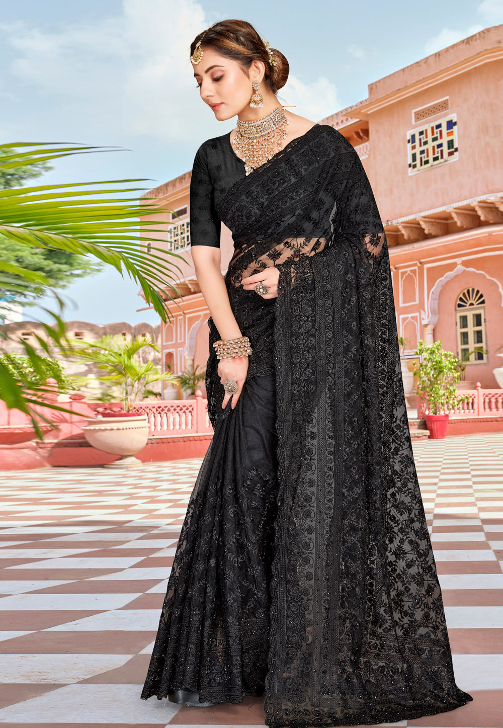 Peach & Black Color Floral Design Georgette Sarees With Blouse Piece – Lady  India