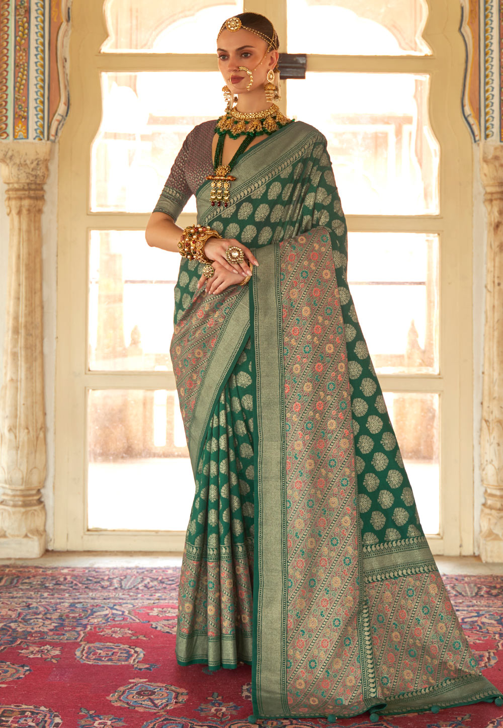 Dark Green Saree in Silk for Wedding | Jacquard Silk Saree Designer