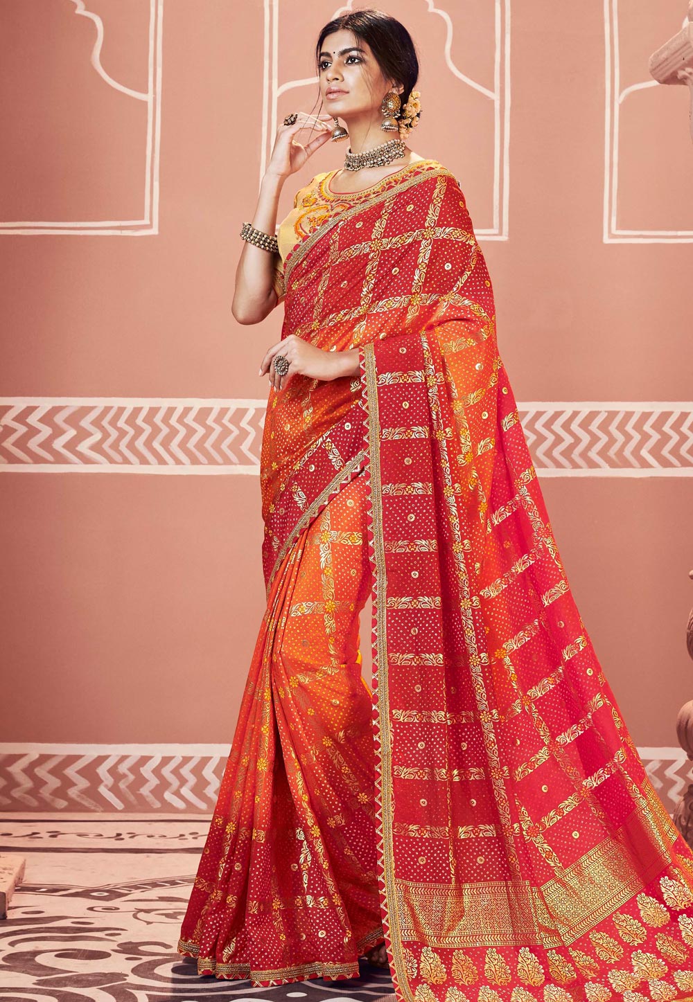 Buy Gold Embroidered Tissue Saree Online in USA with Red Bandhej Blouse –  Pure Elegance