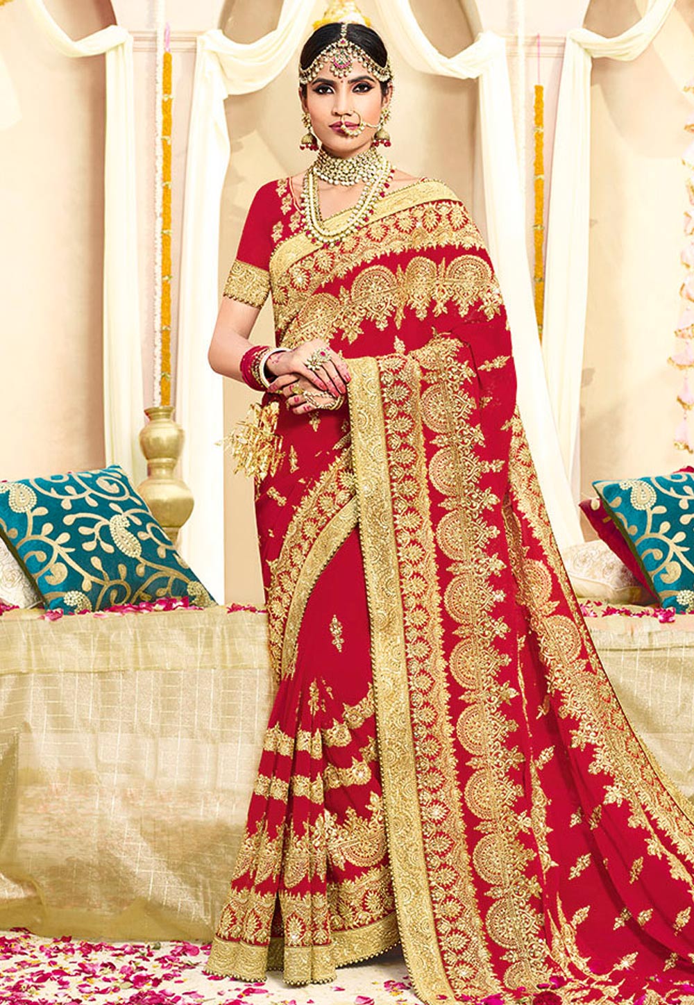 red color stone work sarees