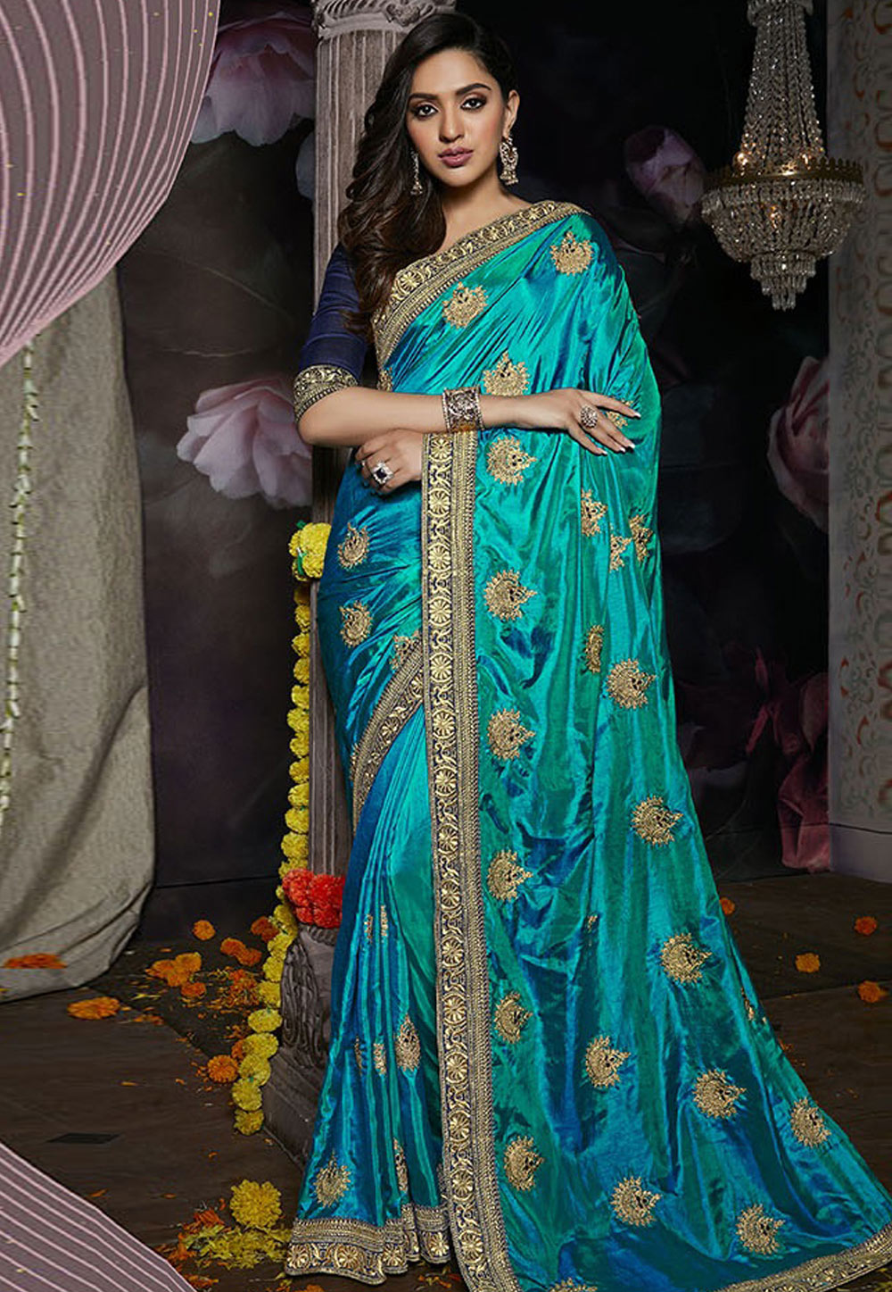 Turquoise Blue Silk Embroidered Saree With Blouse 811 5717