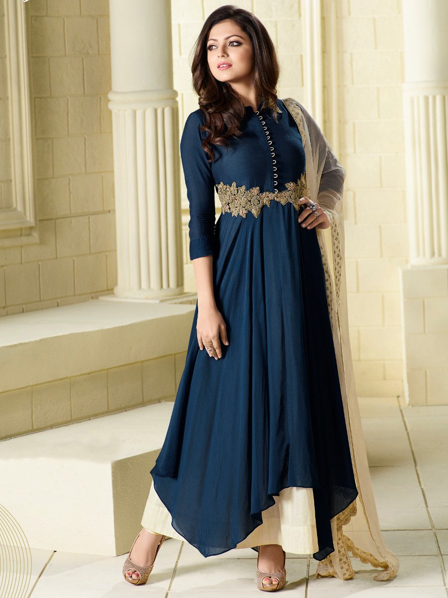 Buy Drashti Dhami navy blue color viscous satin party wear kameez in UK ...
