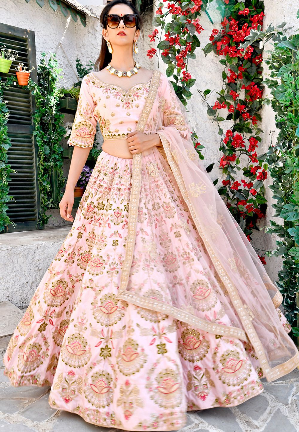 pink shade satin embroidered a line lehenga choli 9997