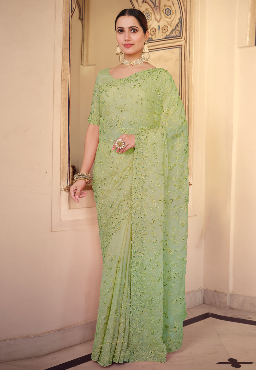 Light green chiffon saree with blouse 7524