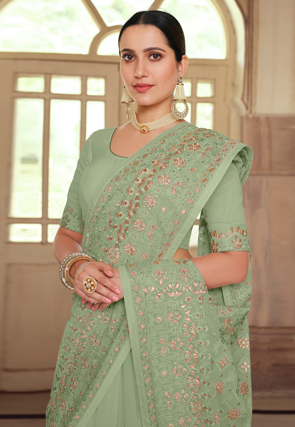Light green georgette solid saree with unstitched blouse piece - Mahotsav E  Solution - 4159546