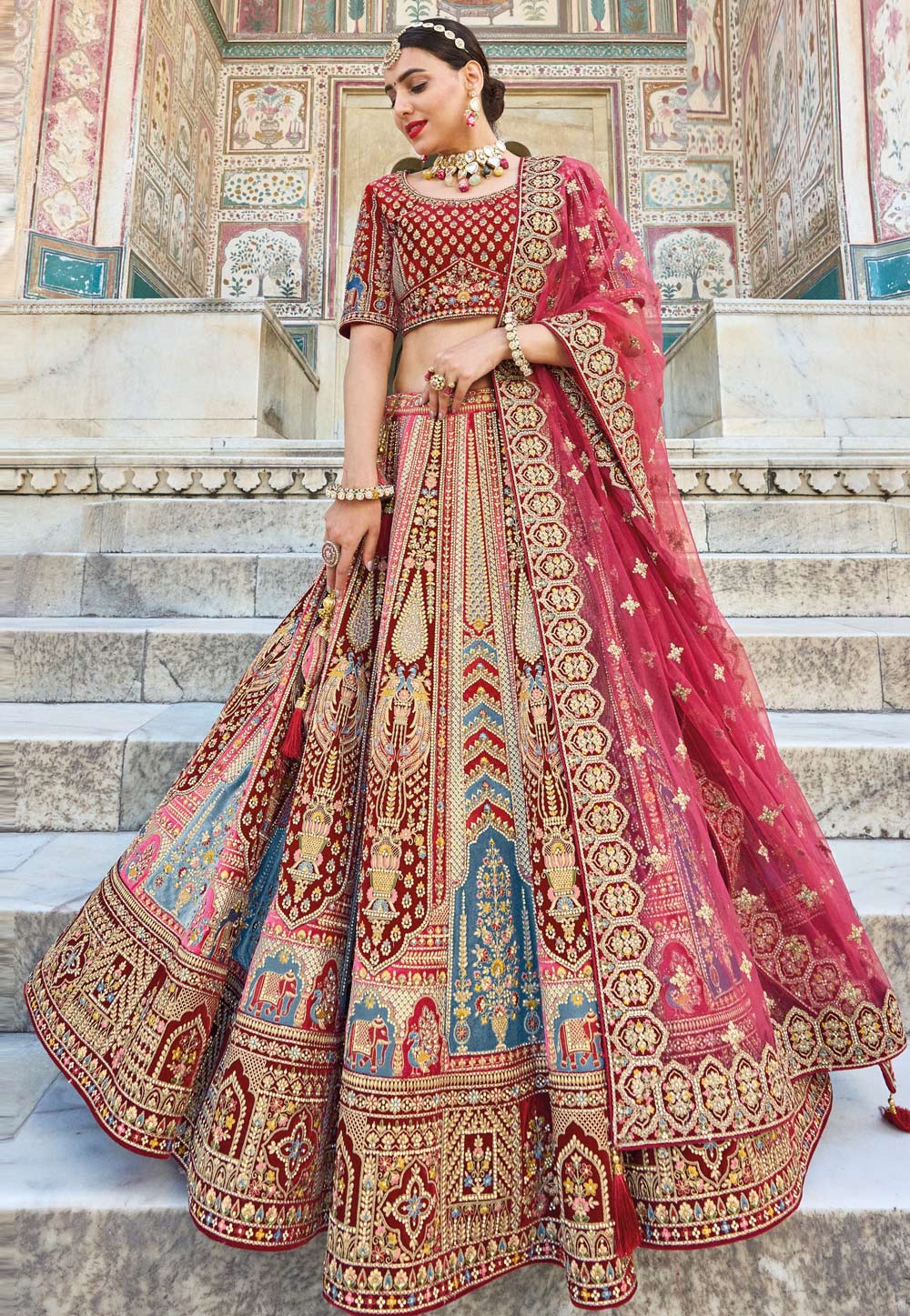 Red Silk Double Veil Bridal Lehenga Choli BRIDAL4311 – Siya Fashions