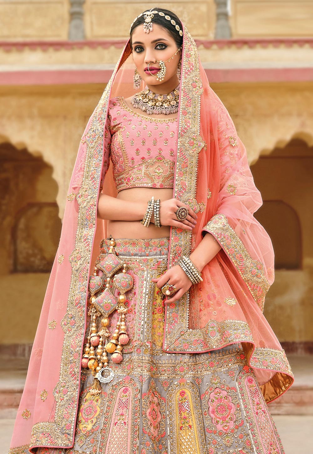 Grey Wedding Wear Floral Embroidery & Resham Work Silk Lehenga Choli