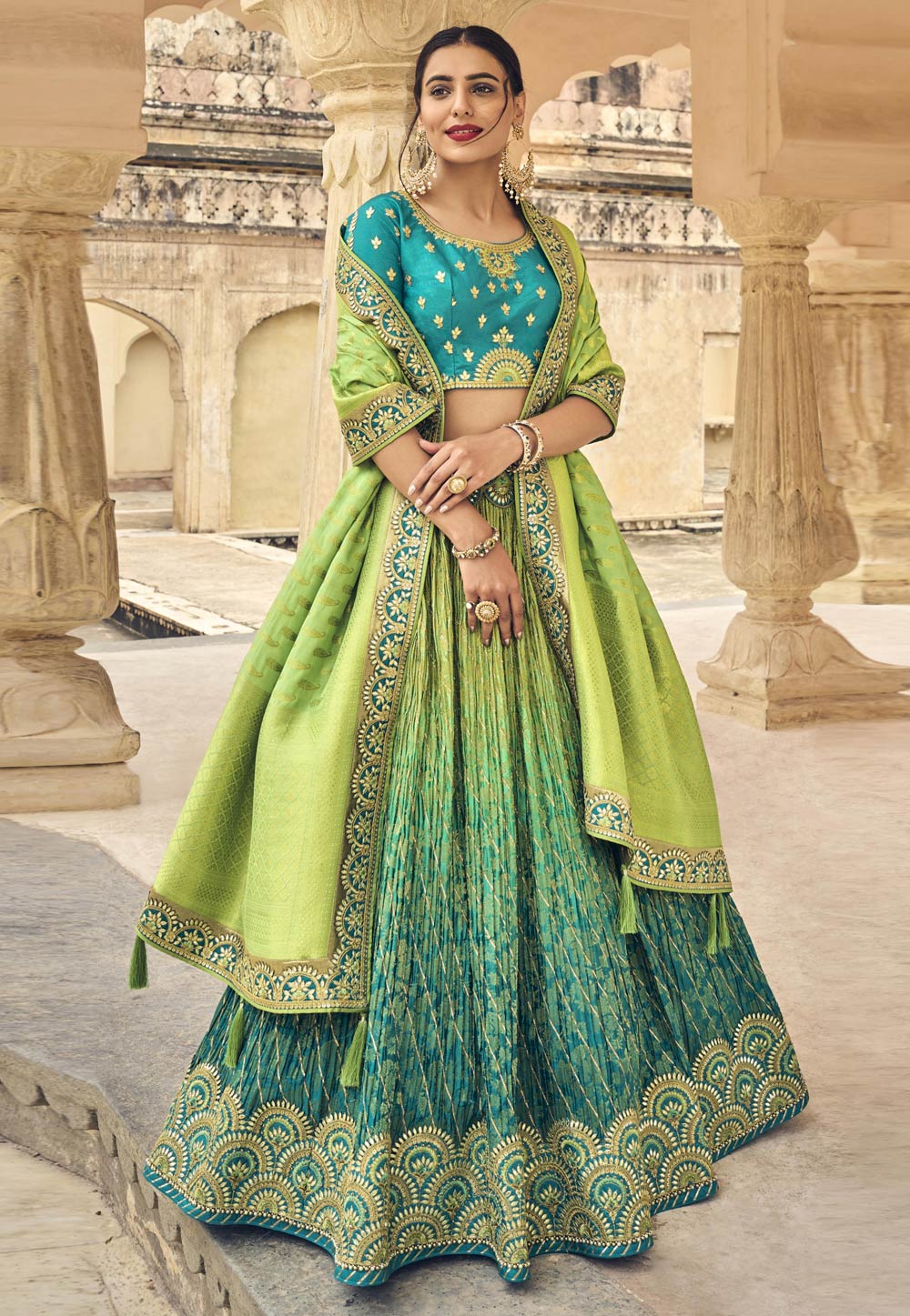 Modern banarasi lehenga | Party wear indian dresses, Mehendi outfits, Long  blouse designs