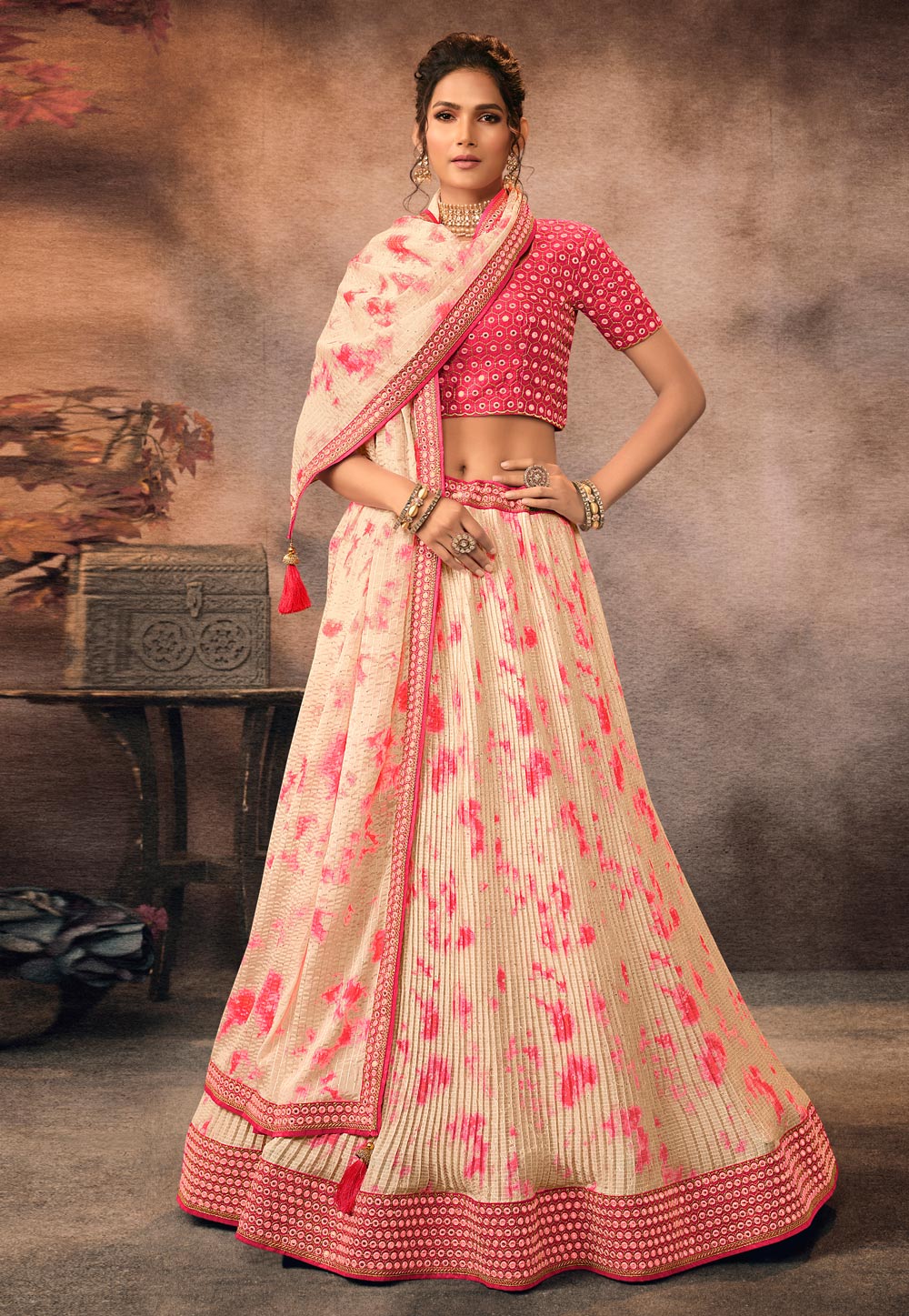 Cream Color Wedding Collection Semi-Stitched Lehenga Choli With Red Dupatta  :: MY SHOPPY LADIES WEAR