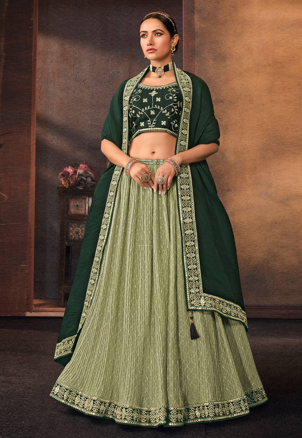 Silk readymade circular lehenga choli in Light green colour 2313