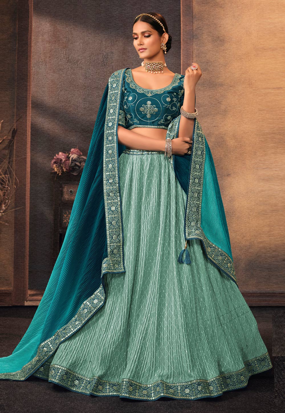 Women's Turquoise Blue Organza Floral Printed Semi-Stitched Lehenga Ch –  Trendia